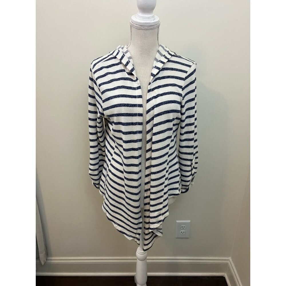 Wish & Whim White Blue Striped Long Sleeve Open Hoodie Jacket Size Medium